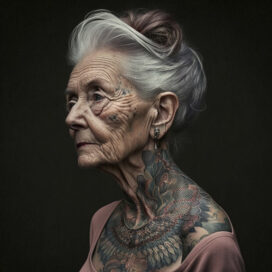 An old lady with a neck tattoo created by Steve Peixotto